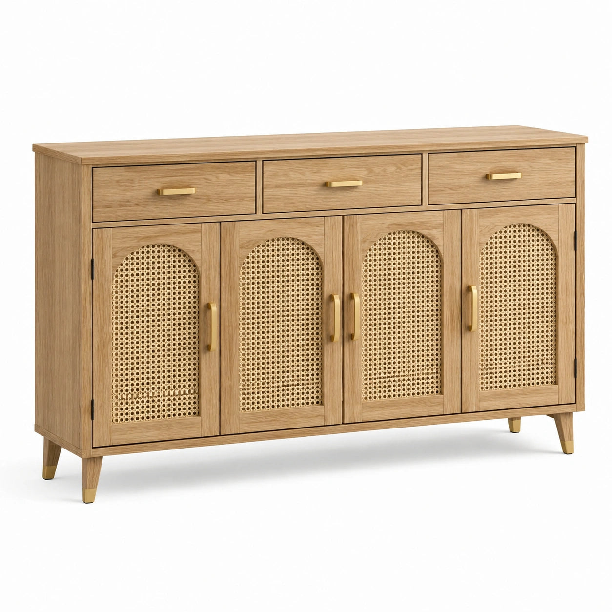 Aparador de madera con puertas de ratán y tres cajones 150x40x80 cm