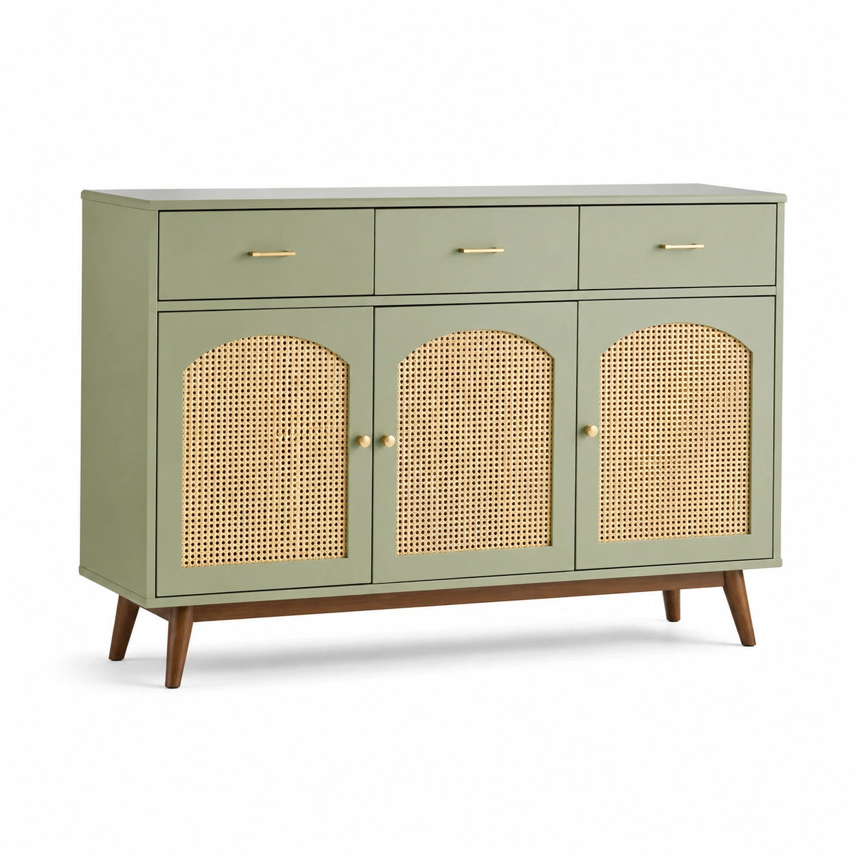 Aparador de Madera y Ratán con Puertas y Cajones Verde 90x120x35cm