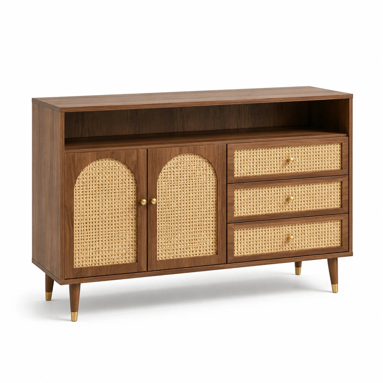 Aparador de madera de nogal y ratán con puertas arqueadas y tres cajones 120x40x80 cm