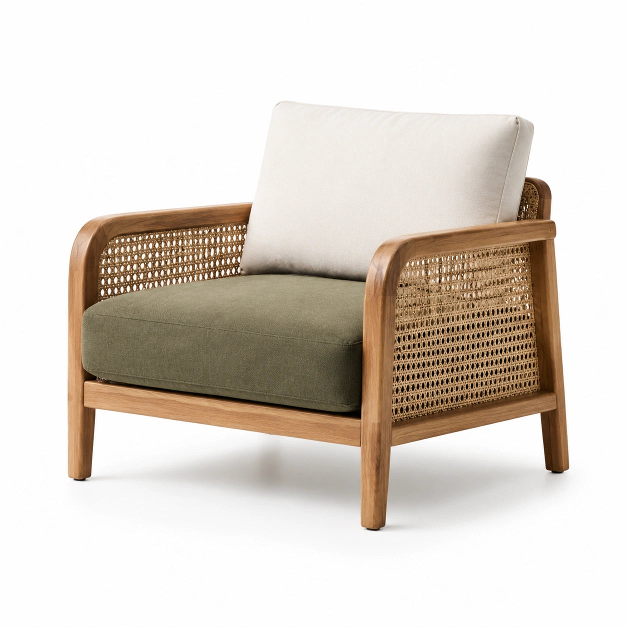 Sillón de Madera de Teca y Ratán con Cojín Algodón Verde y Beige