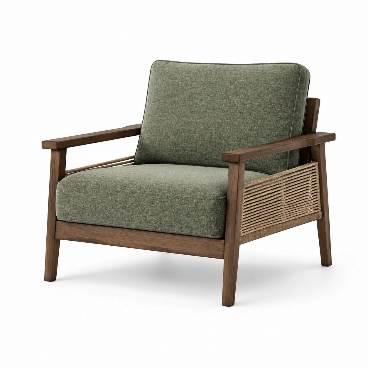 Sillón de madera con cojines de poliéster verde y detalles de yute