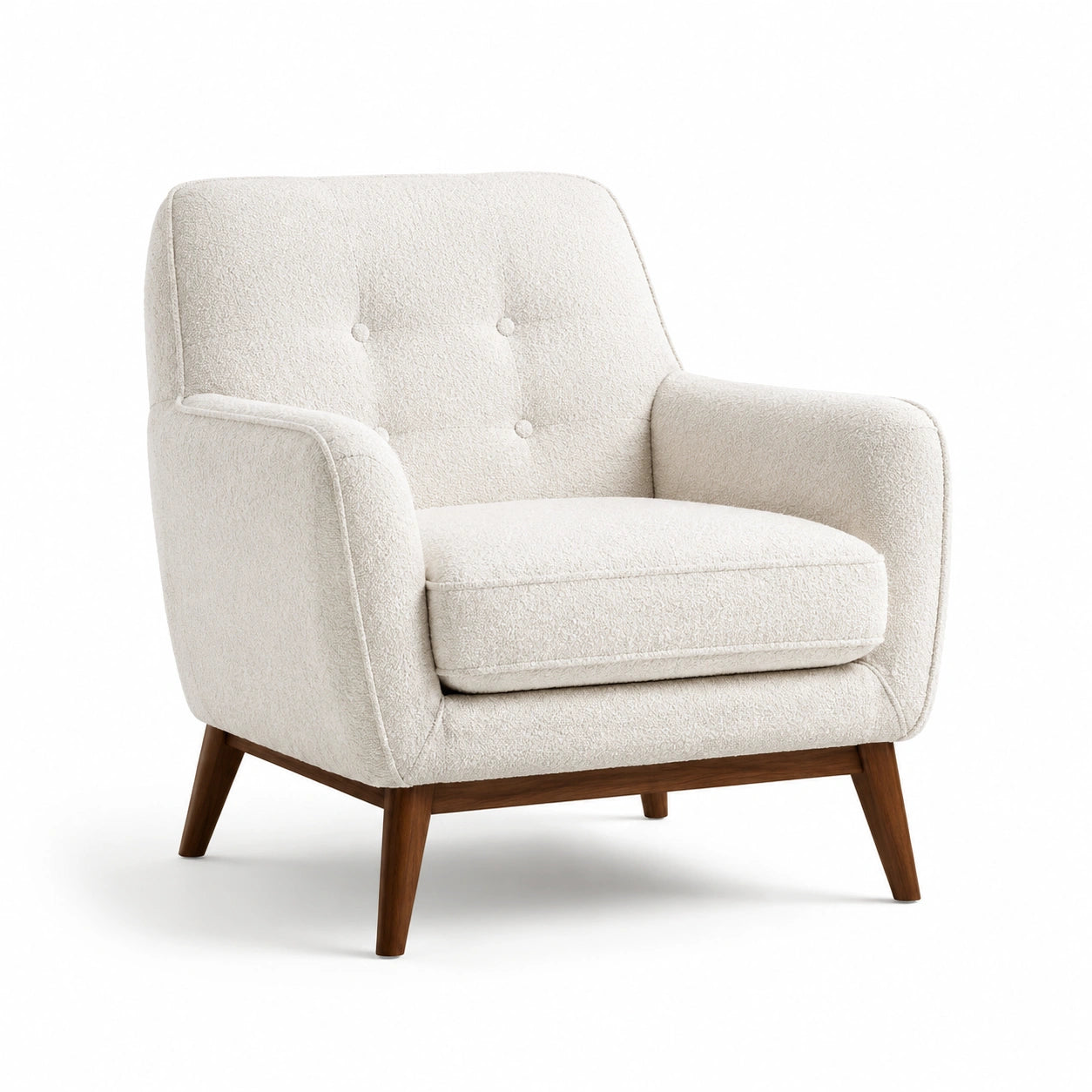 Sillón de tela bouclé beige con patas de madera de haya