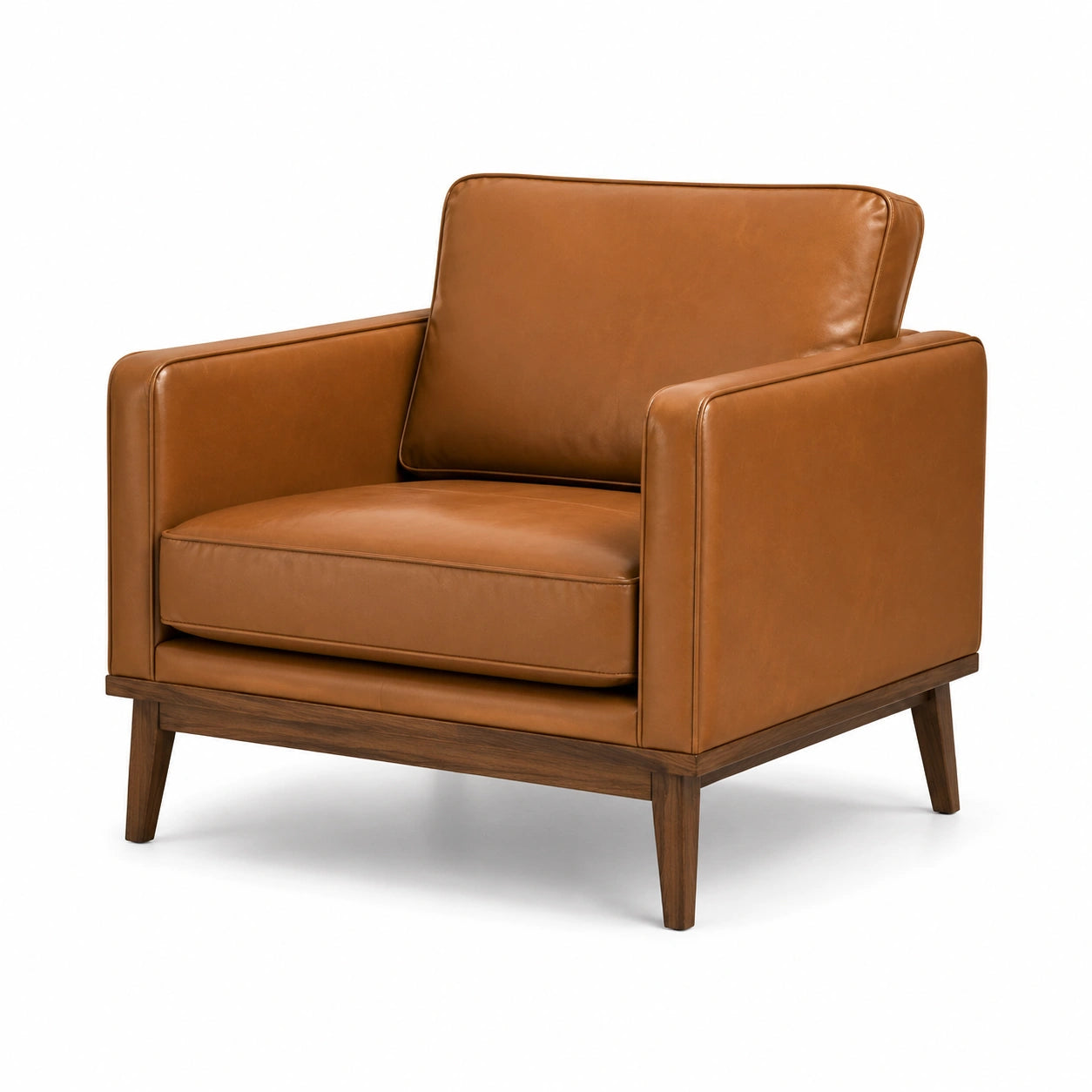 Sillón de cuero marrón con estructura de madera