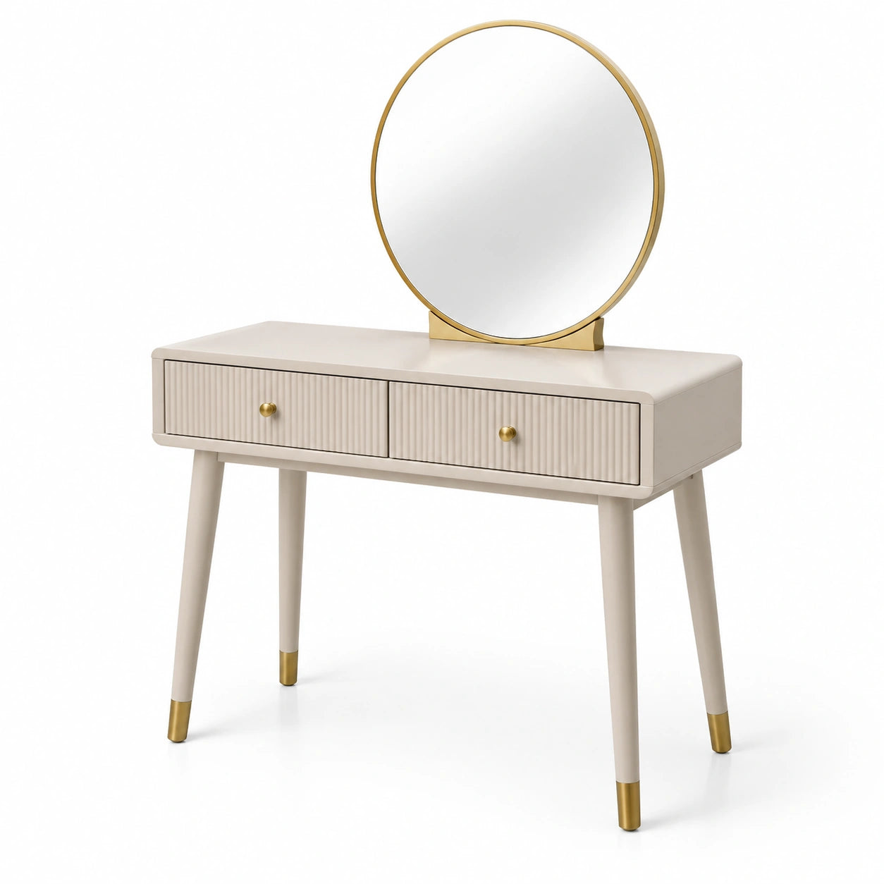 Tocador de Madera con Espejo Redondo y Dos Cajones Beige y Dorado
