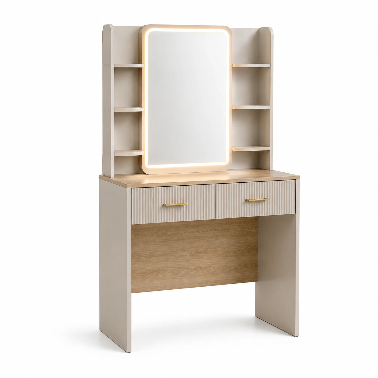 Tocador de melamina con espejo LED iluminado y estantes beige