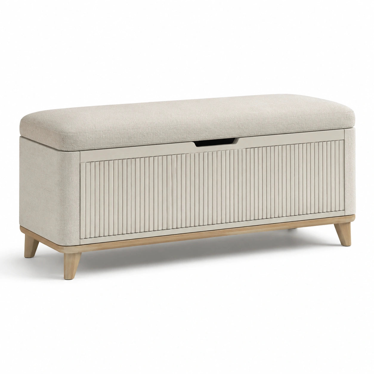 Banco de almacenamiento de poliéster beige con estructura de madera