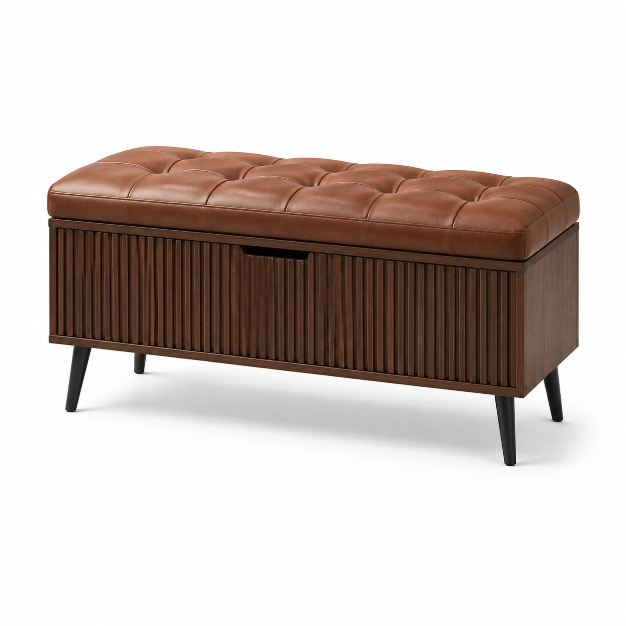 Banco de madera con asiento de cuero sintético y almacenamiento