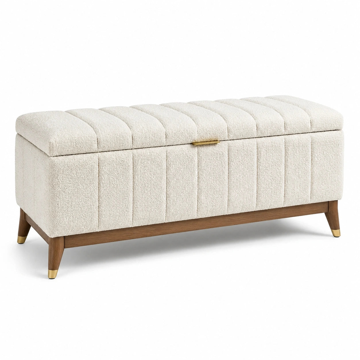 Banco de almacenamiento en poliéster beige y madera con patas metálicas