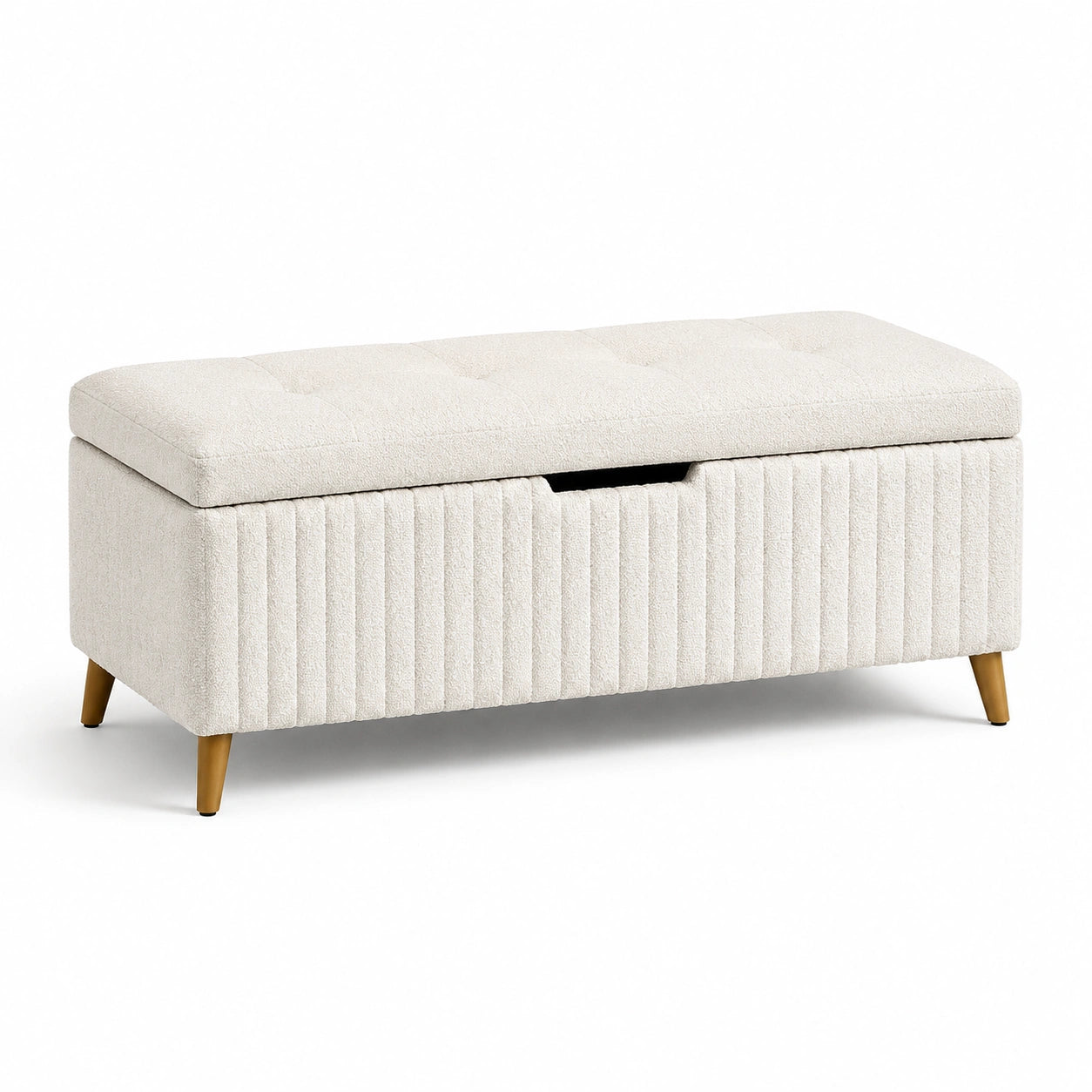 Baúl de almacenamiento de tela beige con patas de madera 120x40x45 cm
