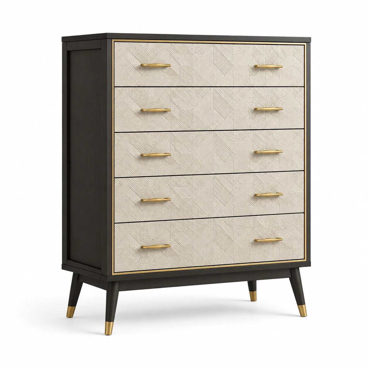 Cajonera de Madera Negra y Beige con Detalles en Latón