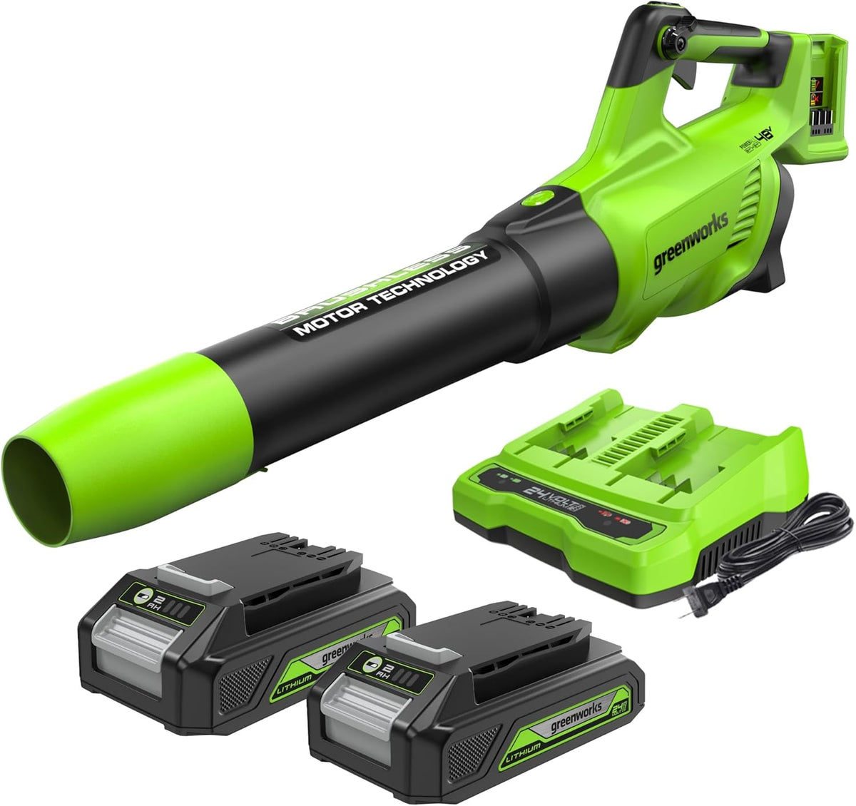 Sopladores de hojas GD24X2AB, 48V, 24V, sin escobillas, inalámbrico, Greenworks, 217 km/h, 4 m3/min Dos de las Baterías de y Cargador