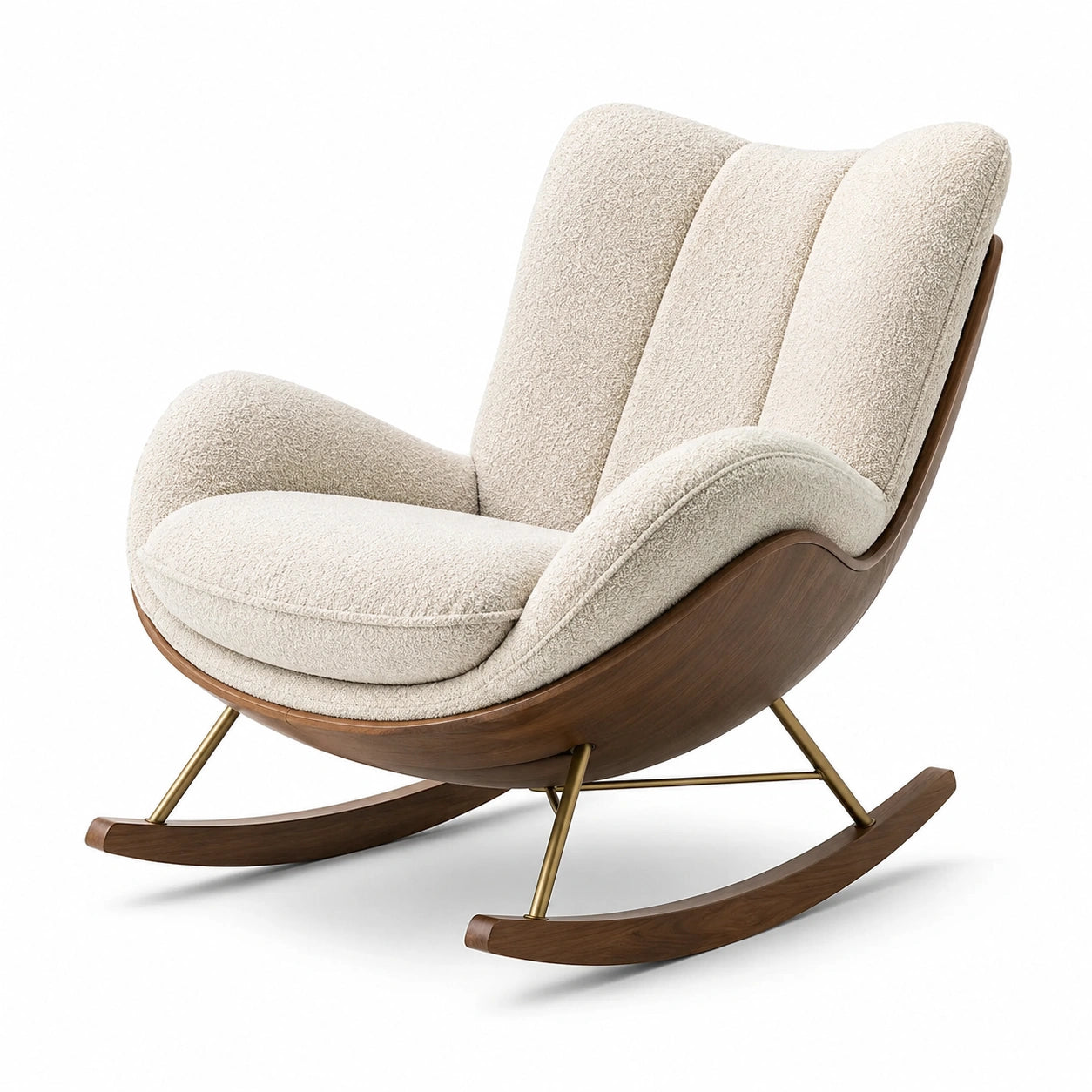 Mecedora de madera y metal con tapizado de bouclé beige