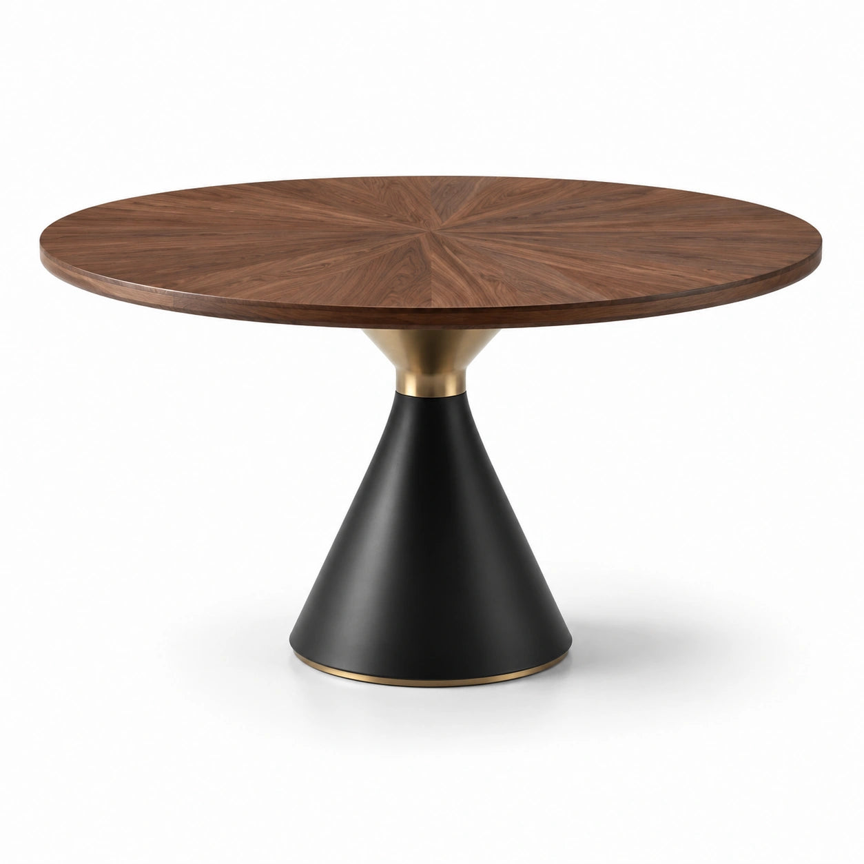 Mesa redonda de madera de nogal con base cónica negra y detalles dorados