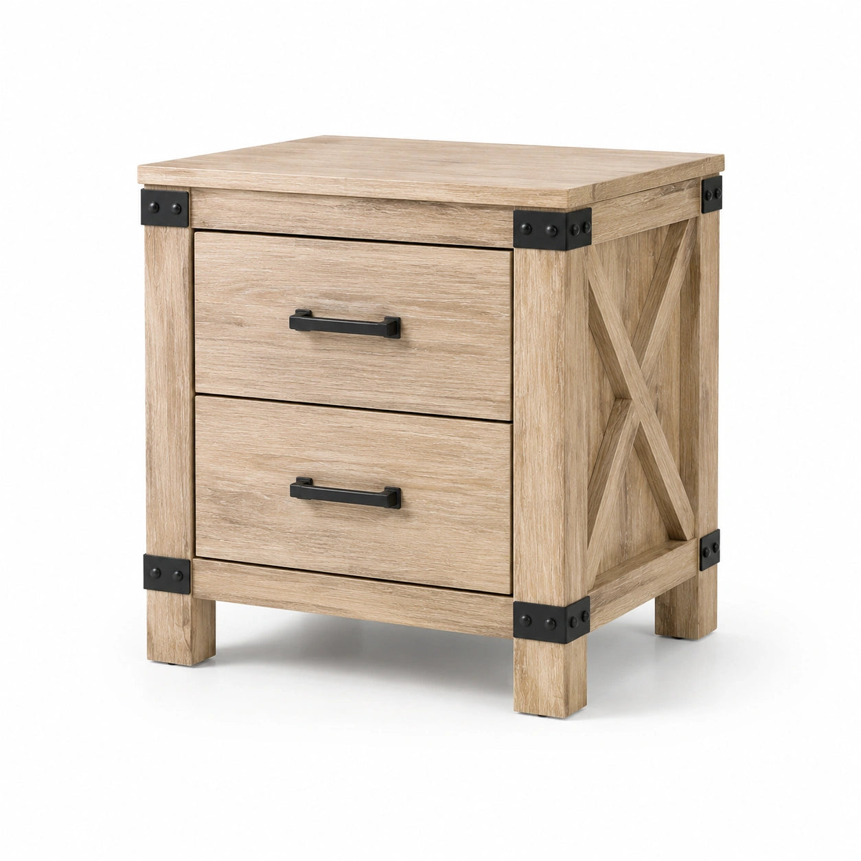Mesita de noche de madera de roble con detalles metálicos y dos cajones