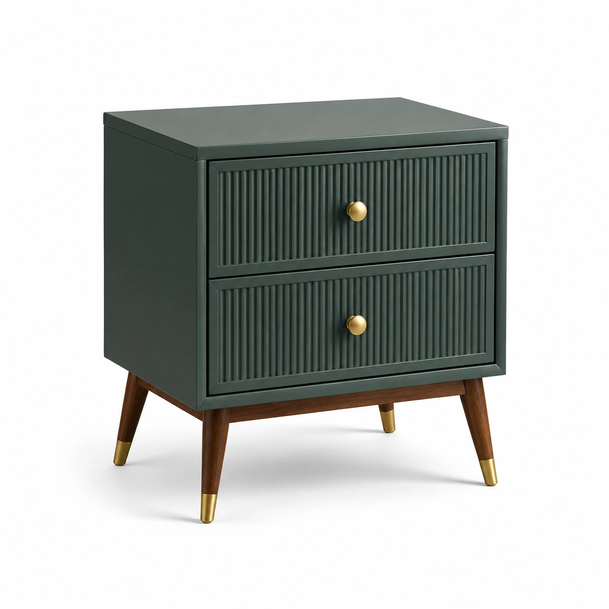 Mesita de noche verde madera con patas de madera y 2 cajones