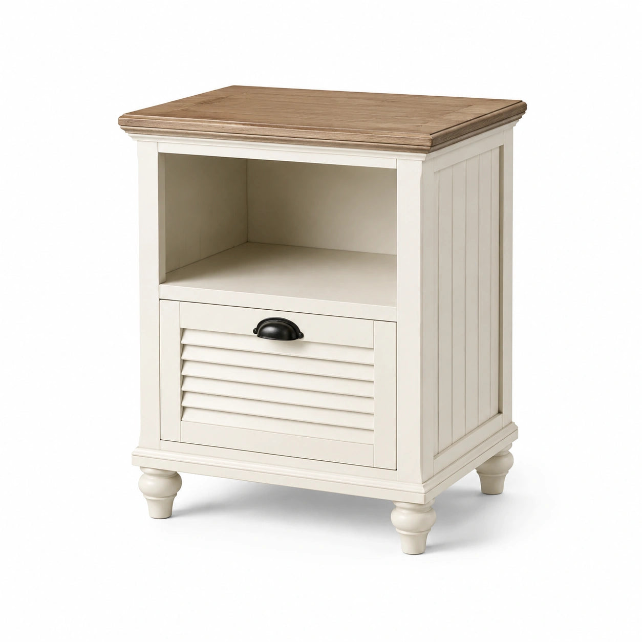 Mesita de noche de madera y MDF blanca con tablero de roble