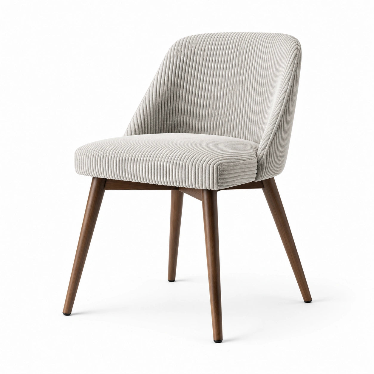 Silla comedor tapizada en tela de pana gris con patas de madera maciza