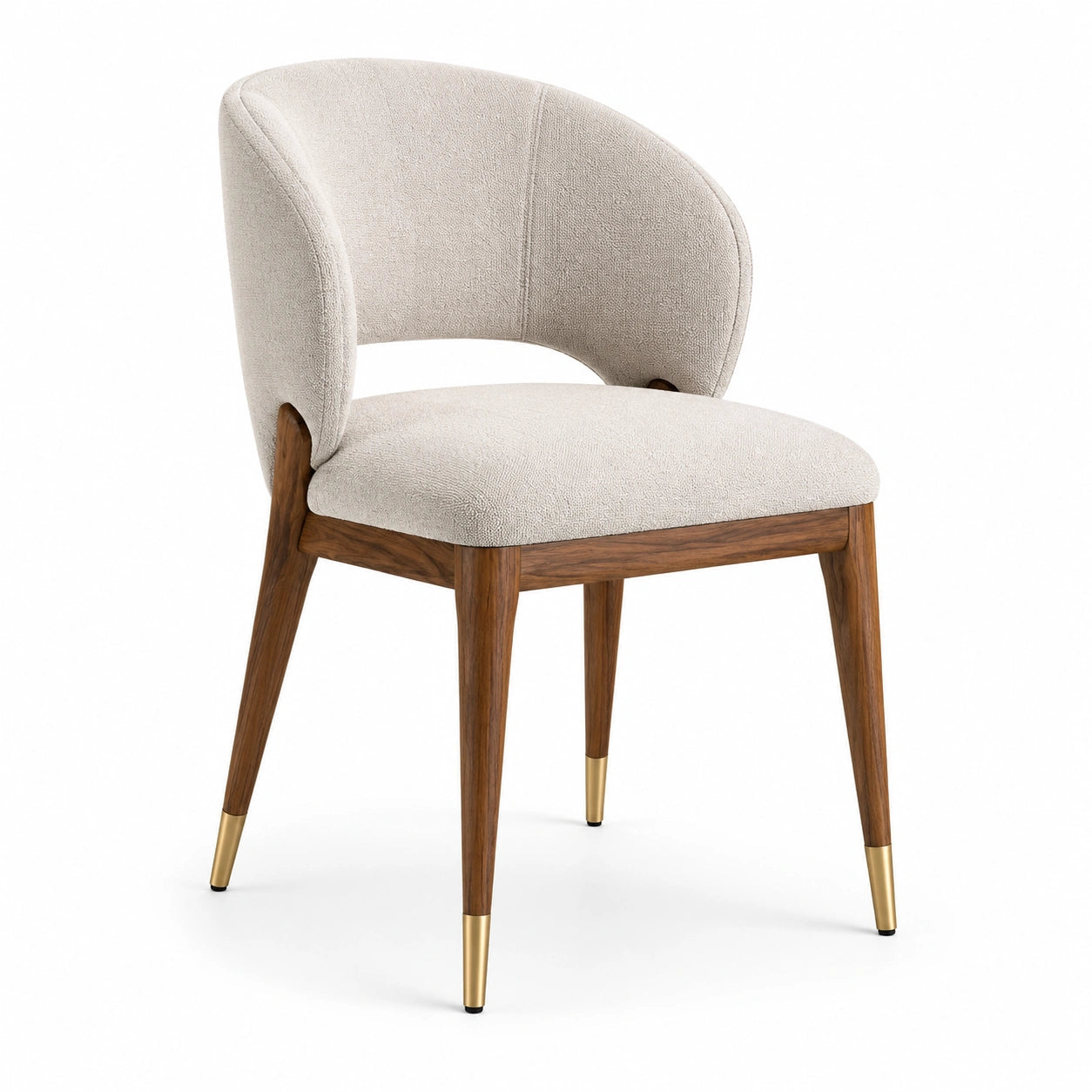 Silla de comedor de madera de nogal con tapizado de poliéster y patas doradas