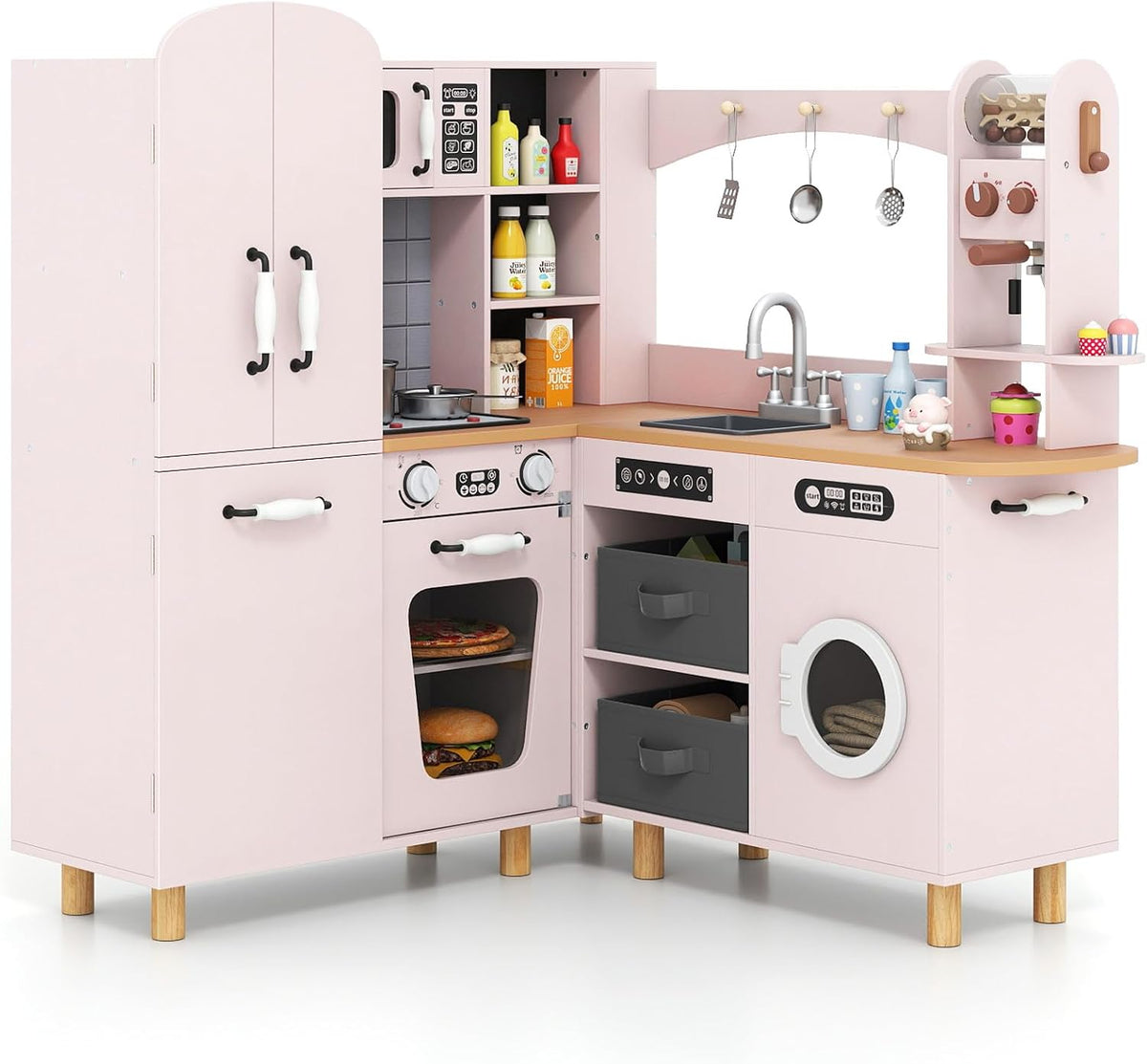COSTWAY cafetera, madera, para la cocina, COSTWAY Cocina Juguete con Luz y Sonido, Cajas de Almcenamiento y 12 Accesorios