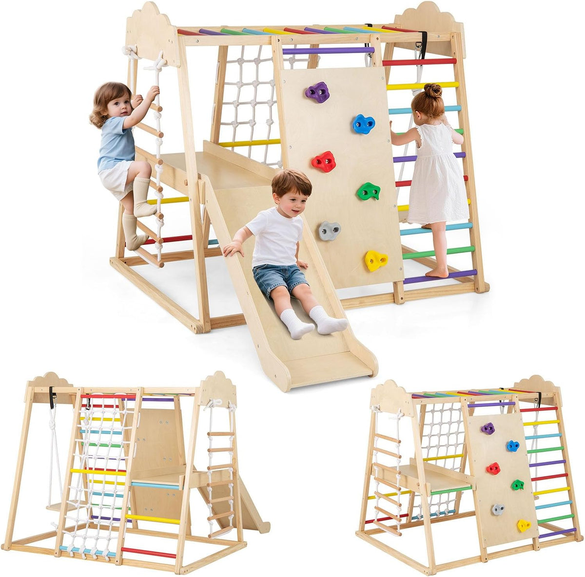 COSTWAY Gimnasios y columpios, 140 × 110 × 126 cm, madera, COSTWAY Gimnasio Infantil para Interior 8 en 1