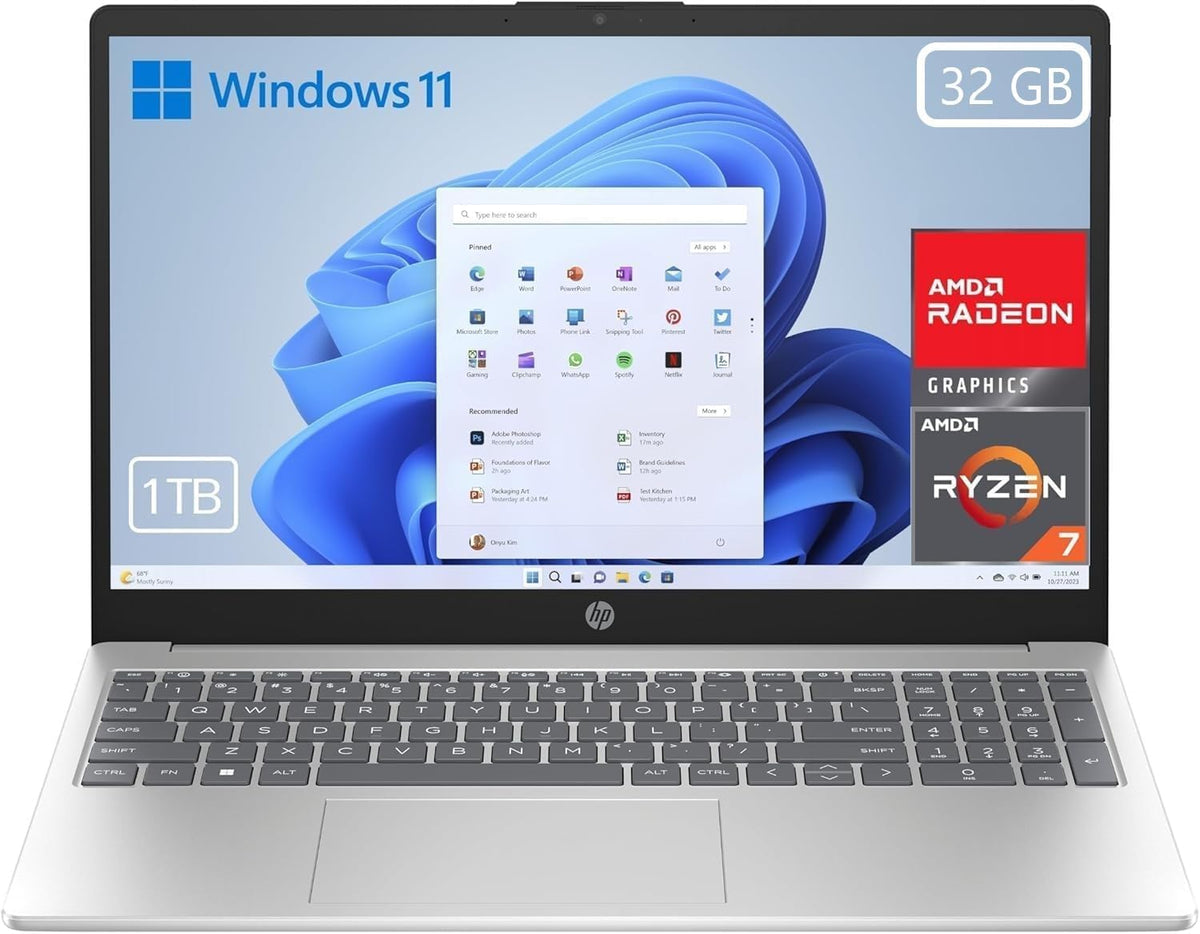 HP Portátiles tradicionales, 39,6 cm, plata, 32 GB RAM, 1TB SSD, Windows 11) Plata y Azul - Teclado QWERTY Español