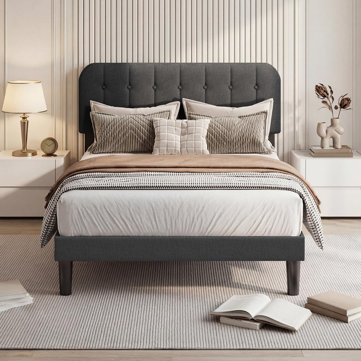 cama, 120 × 200 cm, regulable, gris, Blishom, Cama tapizada 120x200 cm, Cama Doble con cabecero Ajustable en Altura