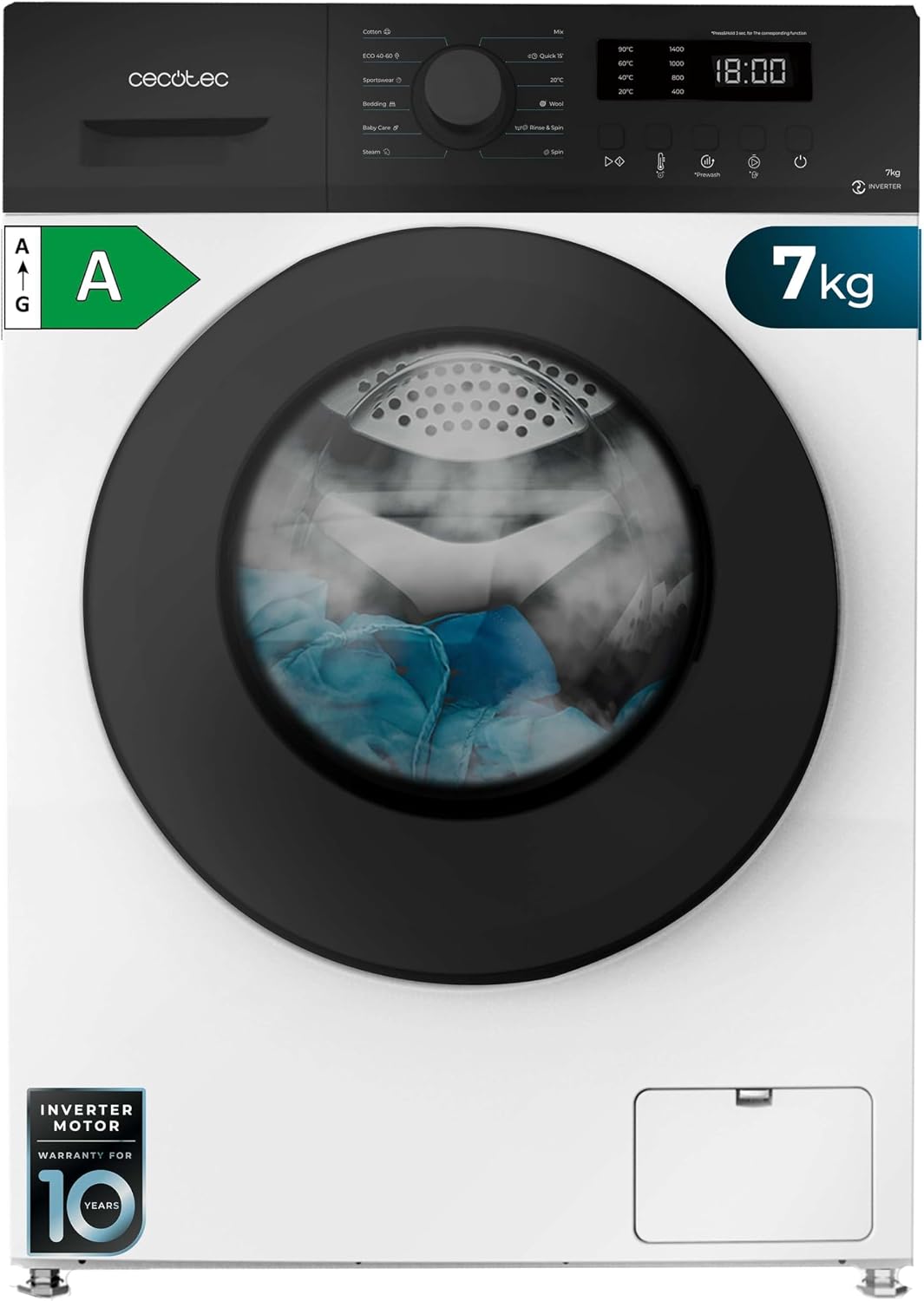 lavadora, Cecotec, 12 Programas, 7 Kg Carga Frontal Bolero Dresscode 7150 Inverter A.