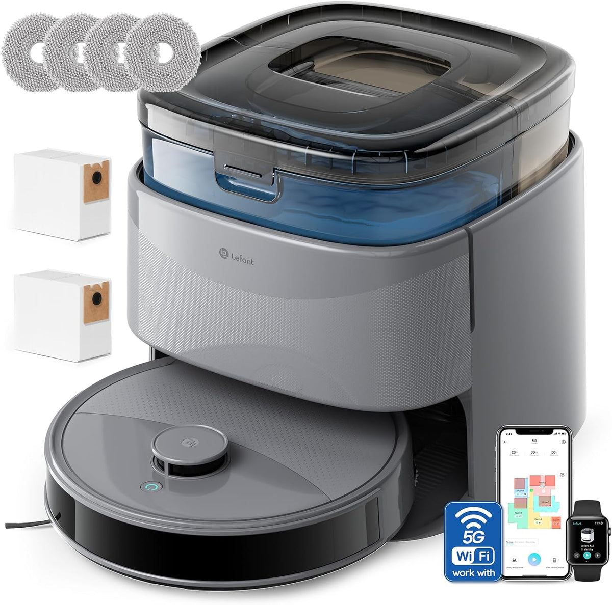 aspirador, 85 mm, 3,2L, con WiFi, Lefant, Todo-en-Uno 20000 Pa, Autonomía 210 mins, Auto-Vaciado 3, WiFi/Alexa/i Watch/App