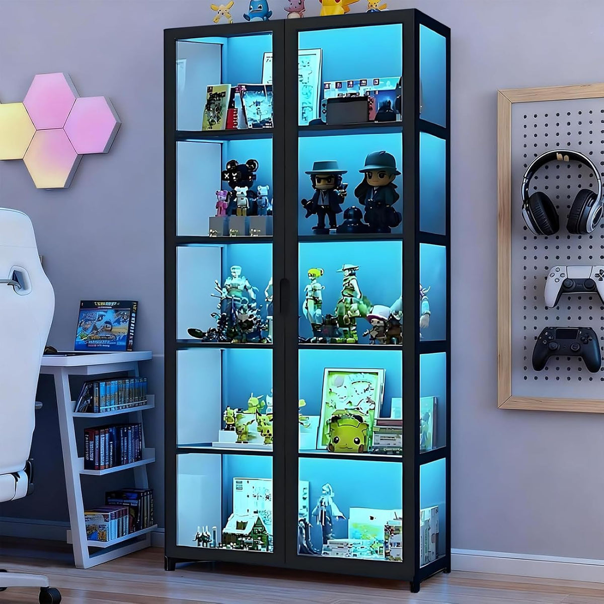 estantería, con estantes, vidrio, negro, Cvvovilx, estantería para el hogar, Sala de Estar (Negro-2)