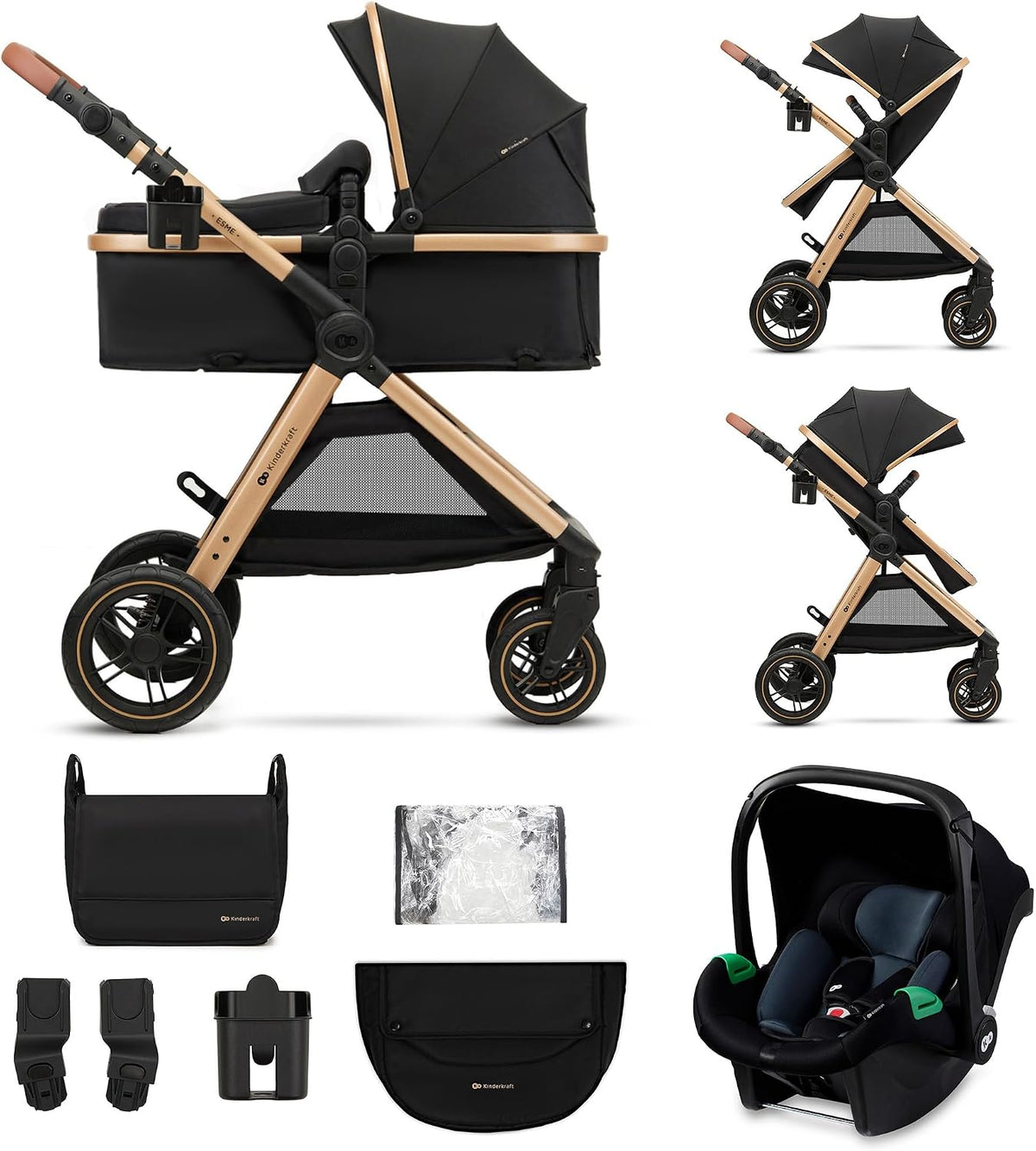 silla, 75 cm, plegable, negro, Kinderkraft, con Portabebés Mink PRO I-Size, Cochecito para Bebé, para Recién Nacido hasta 4 Años