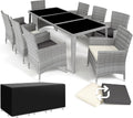 silla, aluminio, vidrio, gris, para el jardín, tectake, 8 Sillas con Cojines, 1 Mesa con Cristal, 2 Juegos de Fundas y Funda Protectora - Gris Claro
