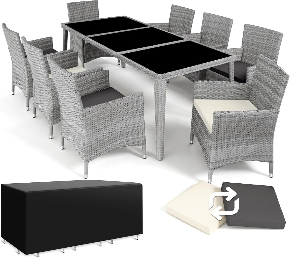 silla, aluminio, vidrio, gris, para el jardín, tectake, 8 Sillas con Cojines, 1 Mesa con Cristal, 2 Juegos de Fundas y Funda Protectora - Gris Claro