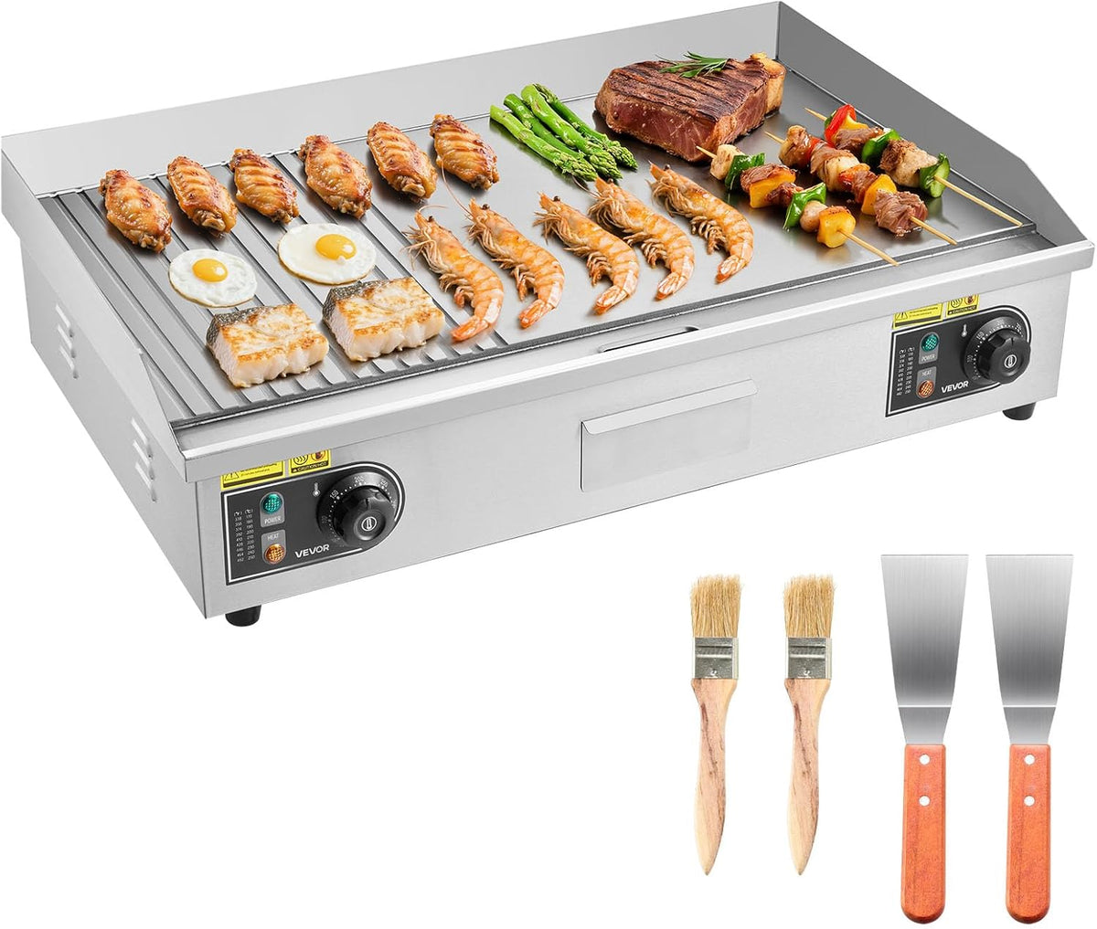 Planchas eléctricas, 725 × 400 mm, 4400 W, 300 °C, acero inoxidable, VEVOR, Control de Temperatura 50 a 300 °C, 4 Almohadillas para los Pies