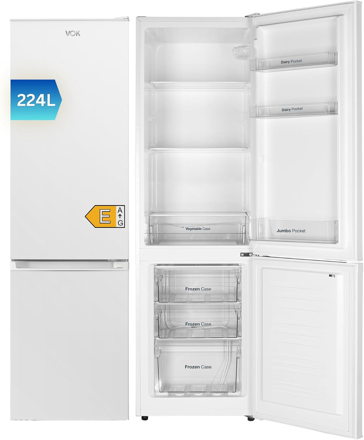 frigorífico EVR-224DEW, 170 cm, 224L, 39 dB, blanco, VOK, 170 cm Alto x 54.5 cm Ancho, Bajo Nivel Sonoro 39 dB