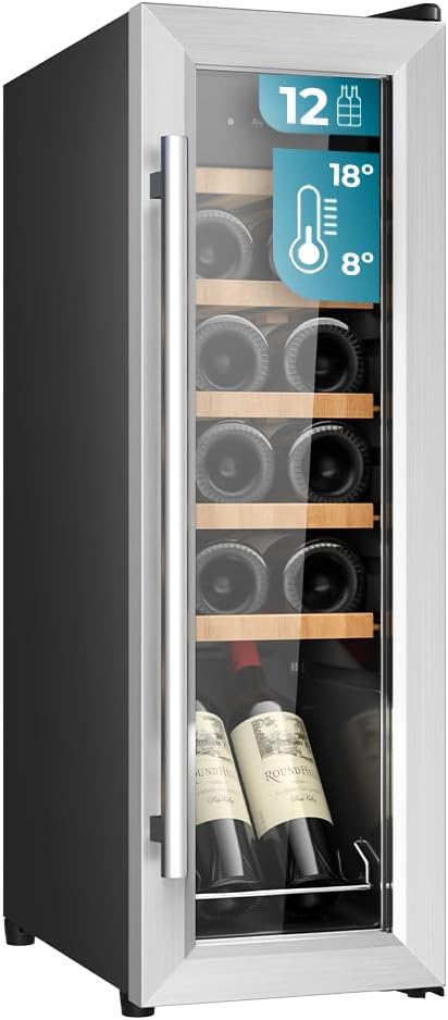 Bodegas de vino independientes, 25,2 × 45 × 79,5 cm, con iluminación LED, regulable, con estantes, madera, Cecotec