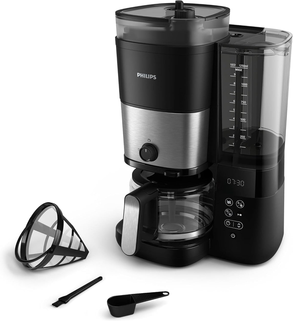 PHILIPS cafetera, 1,25L, PHILIPS Cafetera de Goteo Todo en 1 con Molinillo, Jarra 1