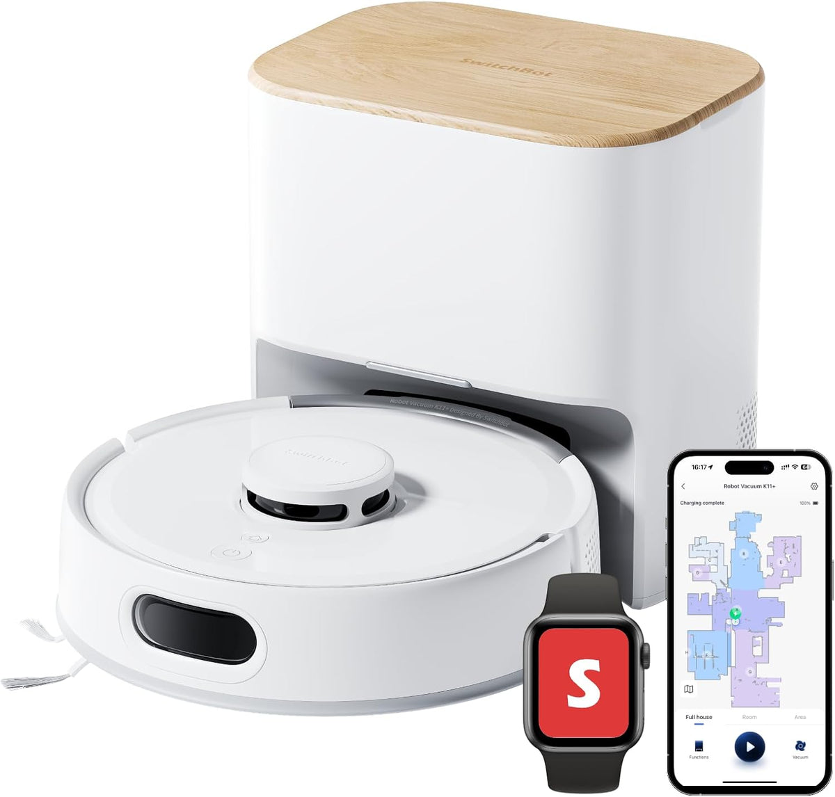 aspirador K11, SwitchBot, 6000 Pa de succión, 90 días de Recogida de Polvo, autovaciado LDS Mapeo Inteligente diseño Delgado de 3, 6 Pulgadas