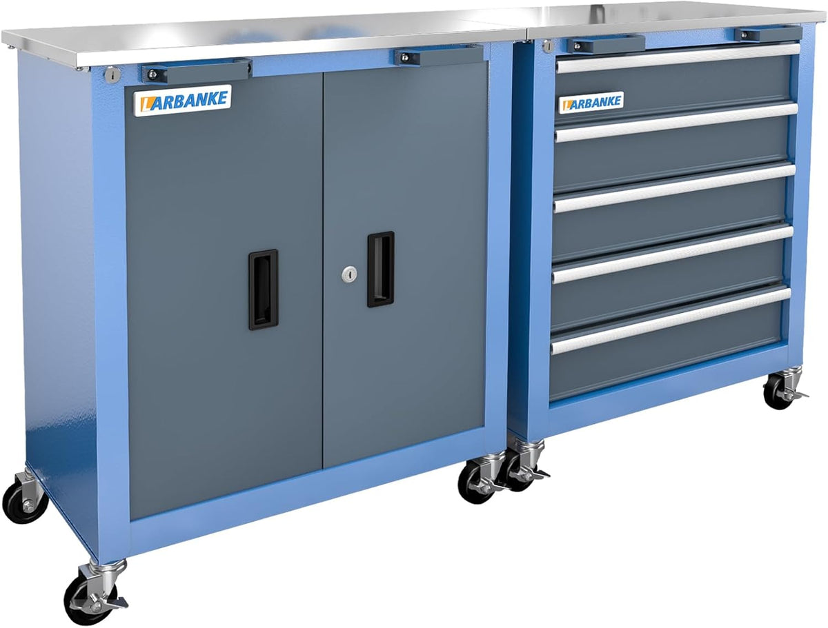herramienta, con cajones, acero inoxidable, LARBANKE, LARBANKE Caja de herramientas rodante de 5 cajones y 2 puertas