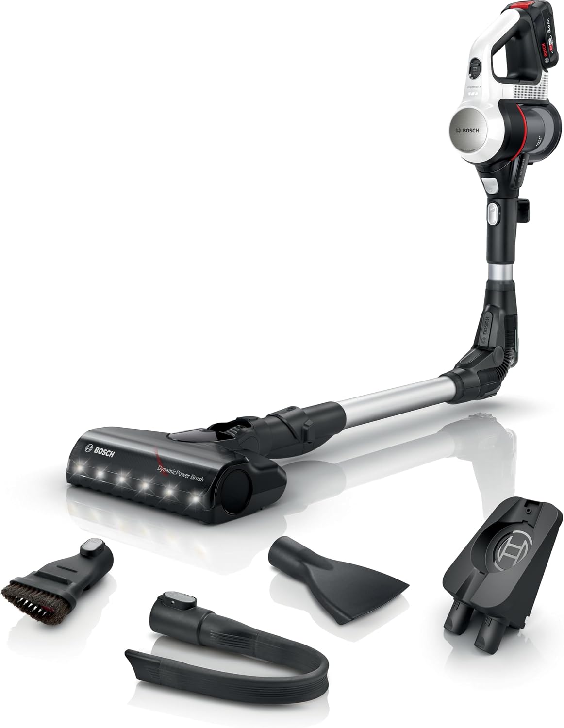 Bosch BBS711W aspirador, con iluminación LED, inalámbrico, blanco, Pack de batería de 3.0 Ah, Luces LED, Blanco BBS711W