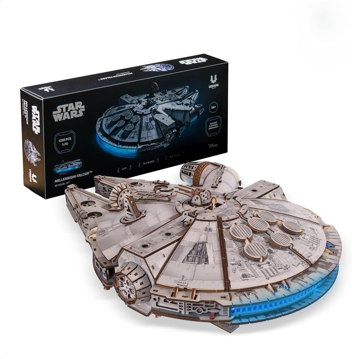 Puzzles 3D, con iluminación LED, madera, UGEARS, UGEARS Star Wars Millennium Falcon Puzzle 3D, Maqueta de Madera para Adultos