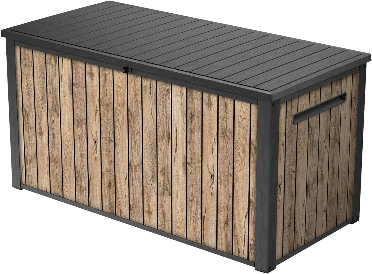 Arcones para patio, 144 × 67 × 73 cm, 643L, madera, plástico, para el jardín, Keter, 144 x 67 x 73 cm, tapa con resortes de gas