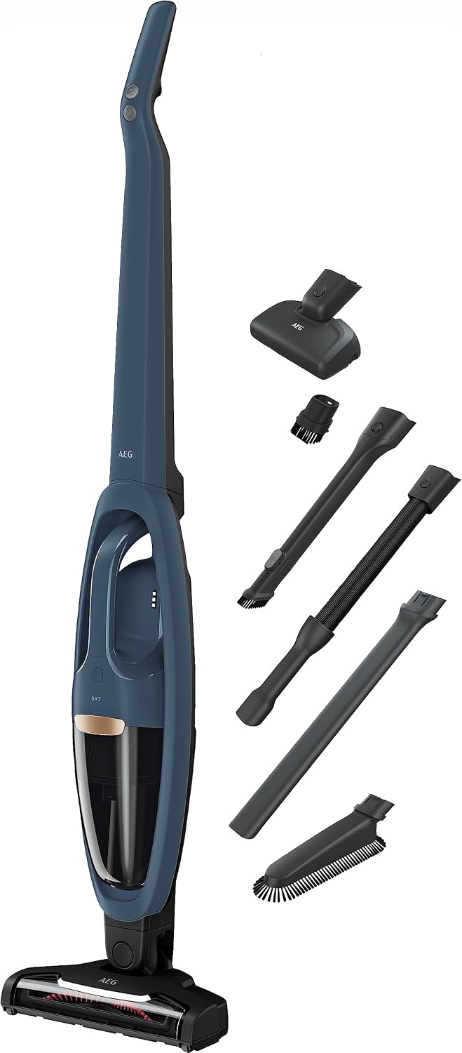 AEG QX7-1-I360 aspirador, 135 mm, 21,6 V, 0,3 L, azul, Autonomía de 50 min, 2 Velocidades, Filtración de 5 Pasos, Depósito de 0