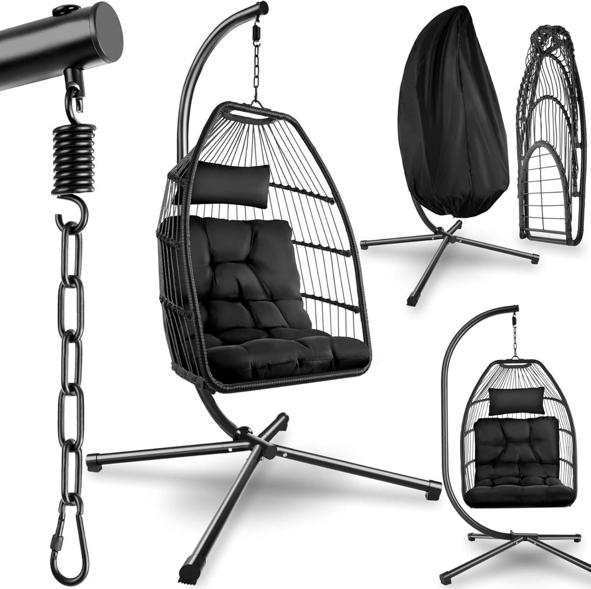 sillón, plegable, acero, negro, para el jardín, tectake, Silla Colgante con Cojín Extragrueso, Capacidad 160Kg - Negro