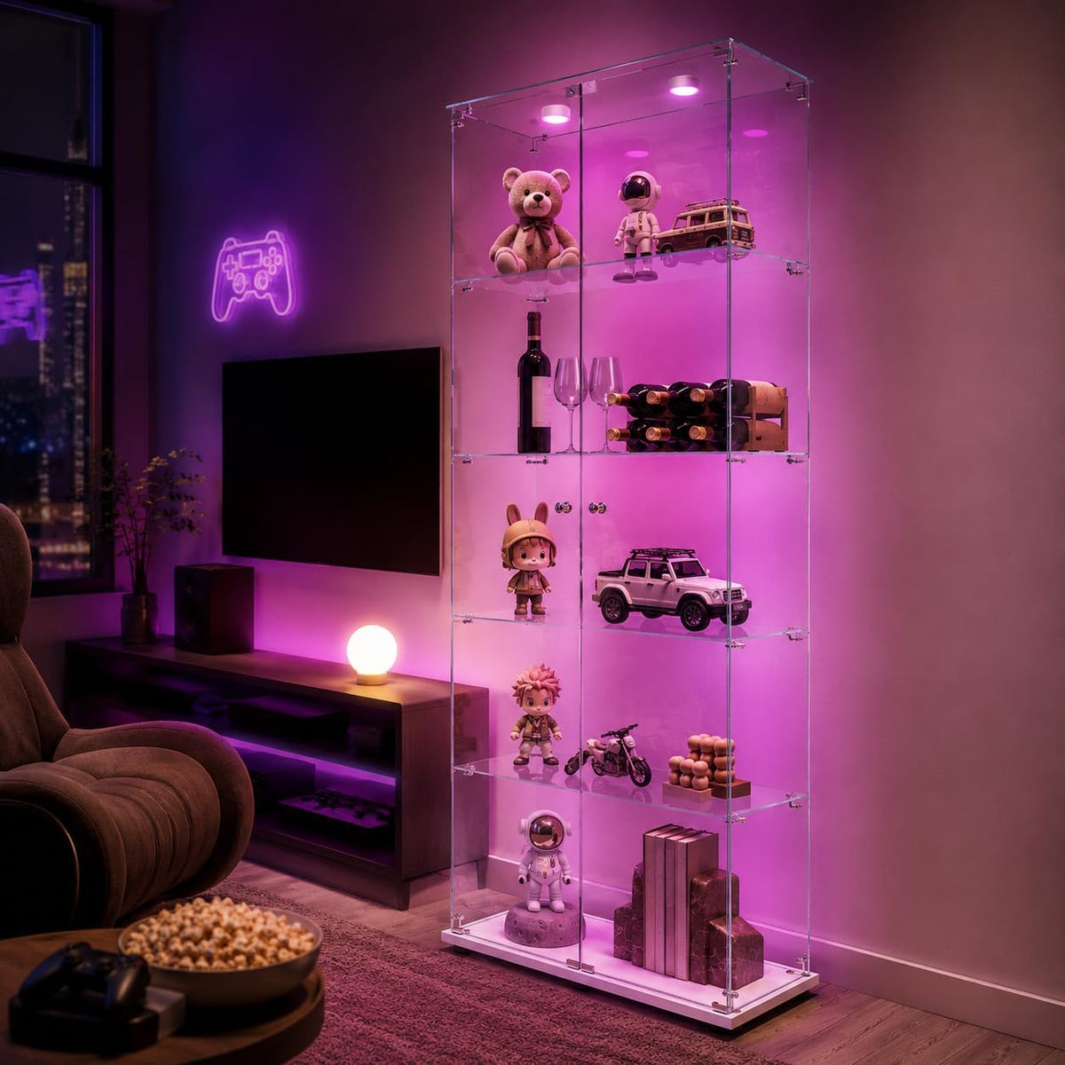 armario LED-2, con iluminación LED, con estantes, vidrio, blanco, para el salón, BLSYHDH, 5 estantes transparente