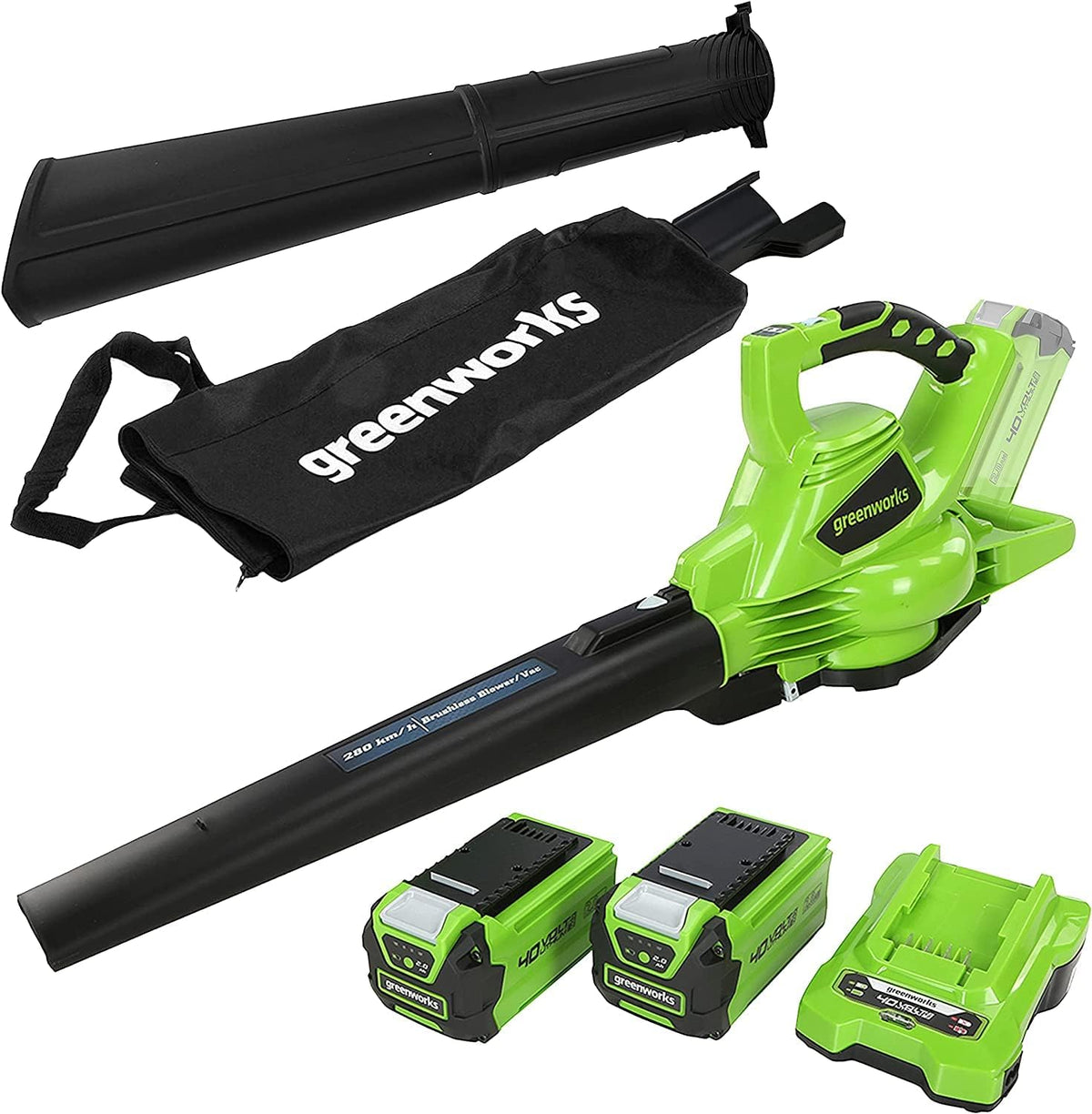 aspirador GD40BVK2X, 45L, 40V, sin escobillas, inalámbrico, Greenworks, 280 km/h, 63 m3/min, Bolsa Recogedora de 45L, Garantía de 3 Años